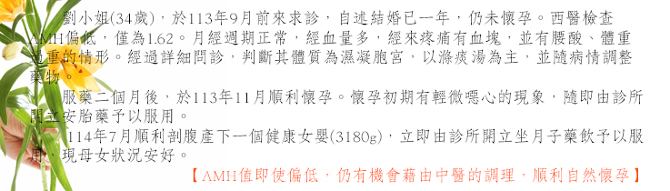 AMH值即使偏低，仍有機會藉由中醫藥調理，順利自然懷孕